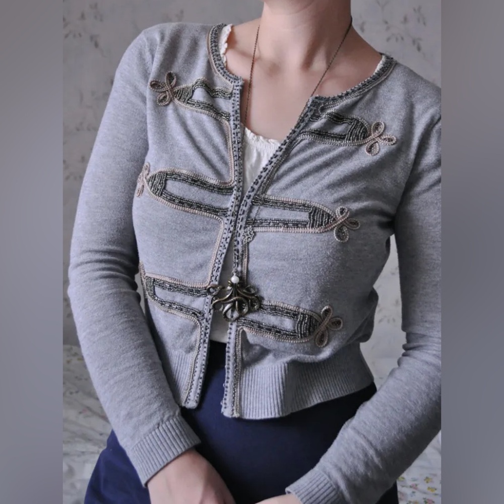 Vintage Gray Silver Beaded Embellished Military Cropped Cardigan Size Small $200 - Picture 11 of 11